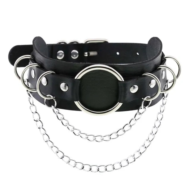 Black Leather Round Pendant Necklace